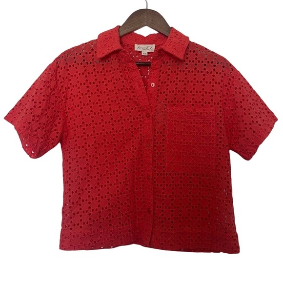 Marled Women's Eyelet Button-Up Top Flame Scarlet Coral 100% Cotton Size XS NWT - Picture 1 of 5